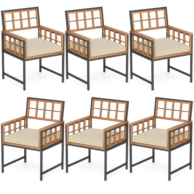 Set of 6 Patio Dining Chairs Acacia Wood Armchairs with Cushions - Beige - Patio Dining Chairs