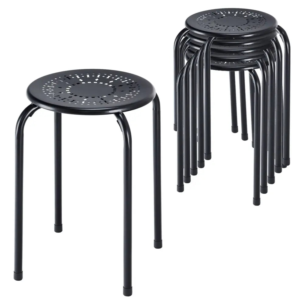 Set of 6 Stackable Multifunctional Daisy Design Backless Round Metal Stool Set-Black - Black - Dining Chairs
