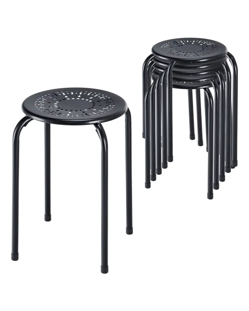 Set of 6 Stackable Multifunctional Daisy Design Backless Round Metal Stool Set-Black - Black - Dining Chairs