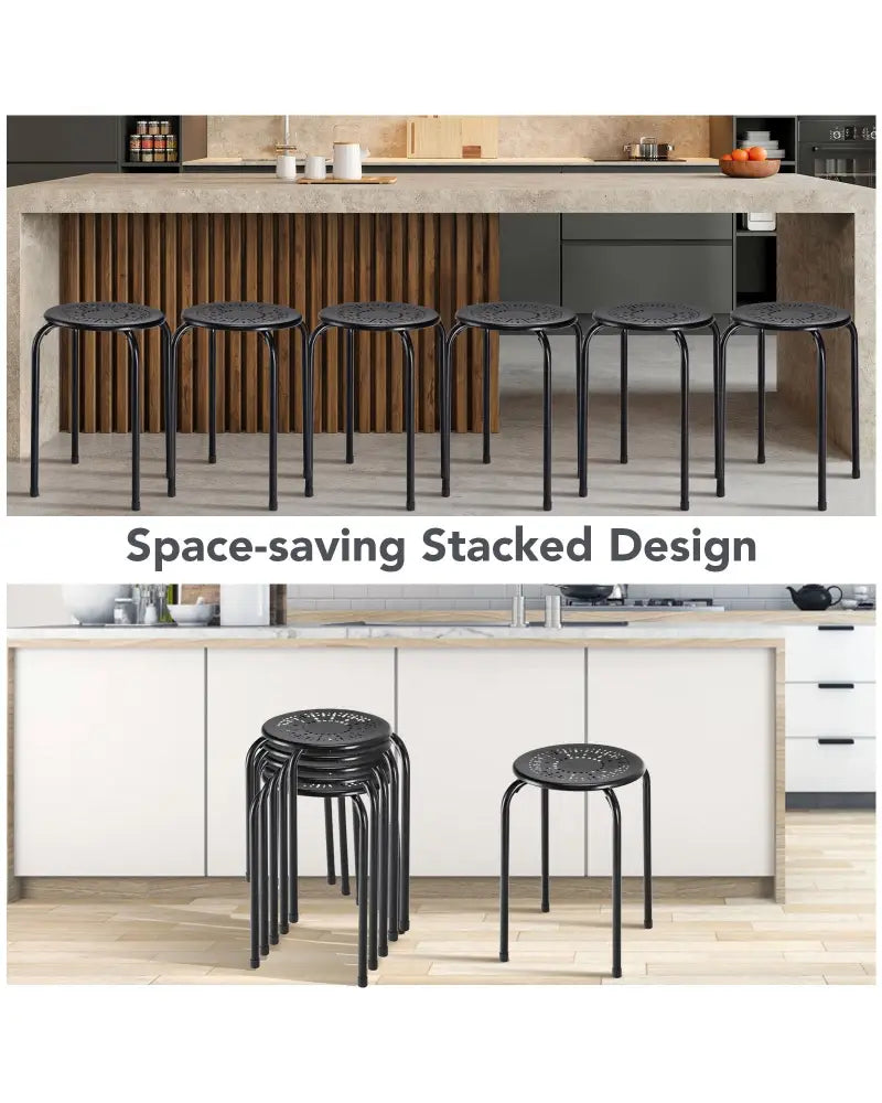 Set of 6 Stackable Multifunctional Daisy Design Backless Round Metal Stool Set-Black - Black - Dining Chairs