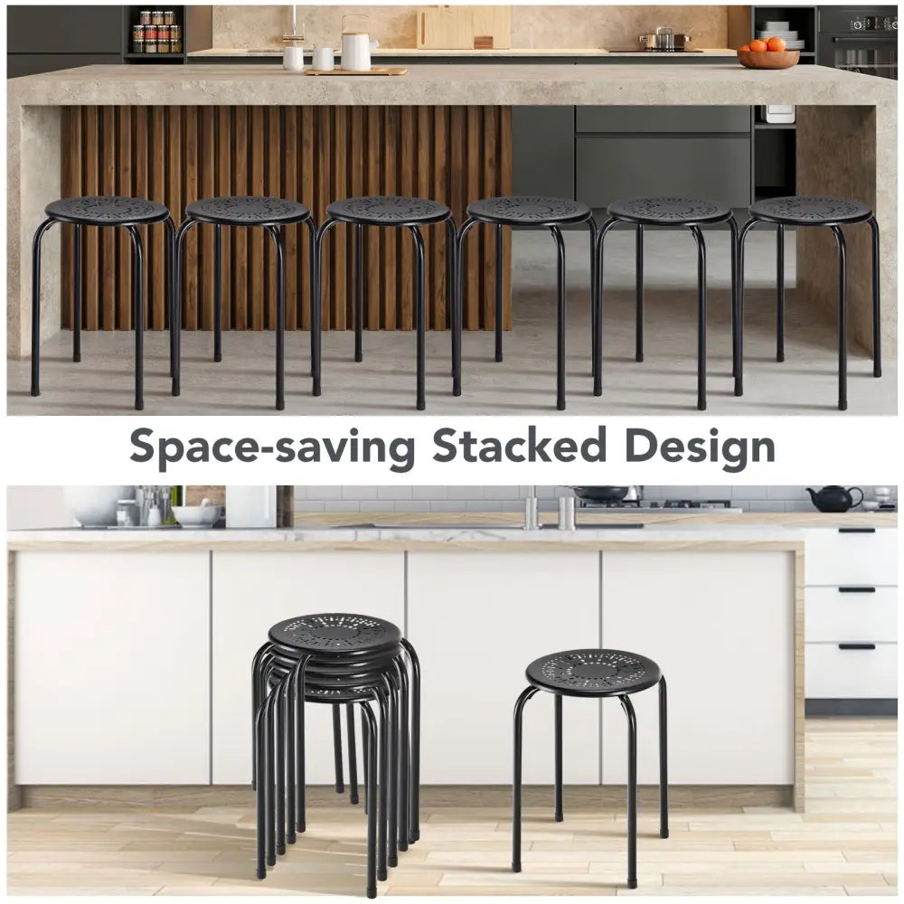 Set of 6 Stackable Multifunctional Daisy Design Backless Round Metal Stool Set-Black - Black - Dining Chairs