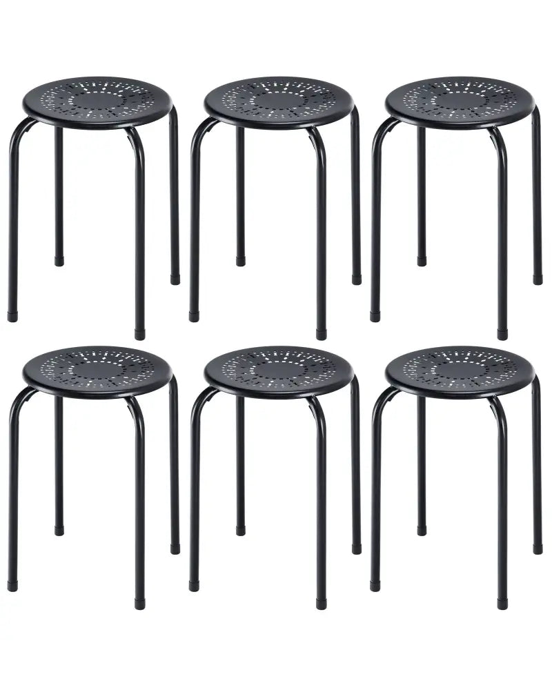 Set of 6 Stackable Multifunctional Daisy Design Backless Round Metal Stool Set-Black - Black - Dining Chairs