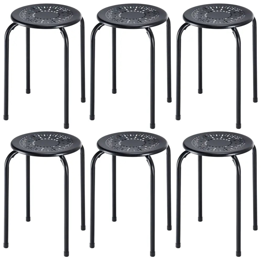 Set of 6 Stackable Multifunctional Daisy Design Backless Round Metal Stool Set-Black - Black - Dining Chairs