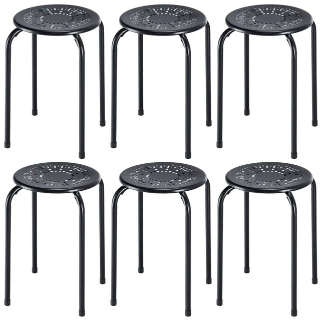 Set of 6 Stackable Multifunctional Daisy Design Backless Round Metal Stool Set-Black - Black - Dining Chairs