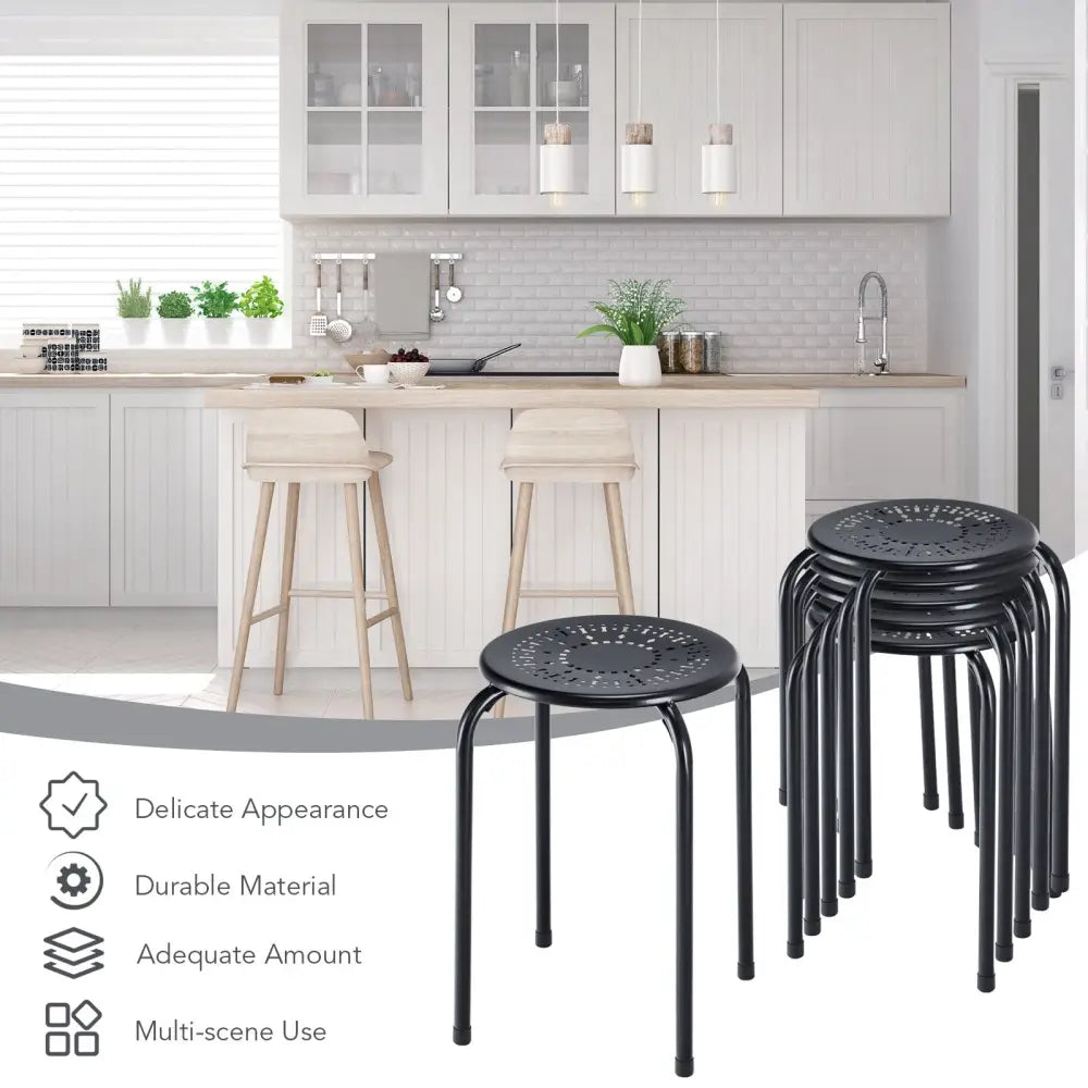Set of 6 Stackable Multifunctional Daisy Design Backless Round Metal Stool Set-Black - Black - Dining Chairs