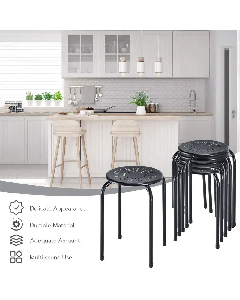 Set of 6 Stackable Multifunctional Daisy Design Backless Round Metal Stool Set-Black - Black - Dining Chairs