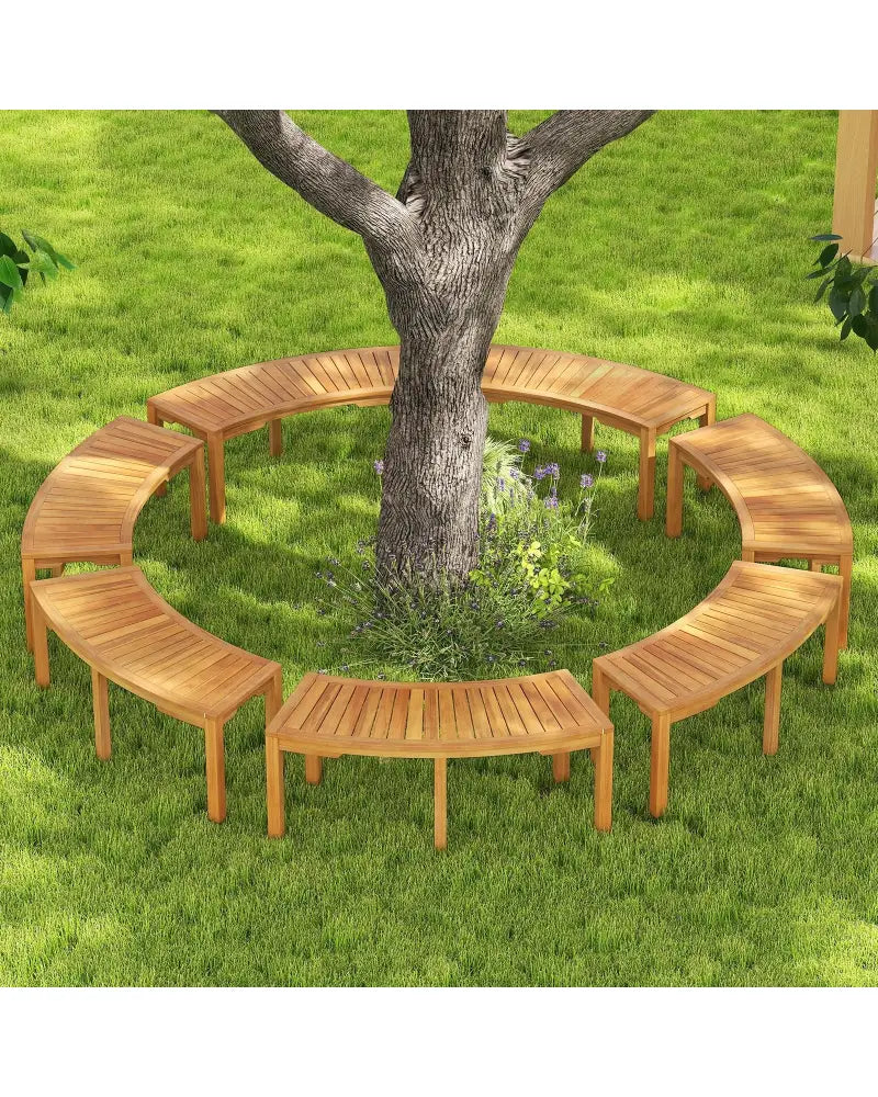 Set of 7 Outdoor Bench Acacia Wood Curved Garden Bench 2-Person - Natural - Outdoor Benches