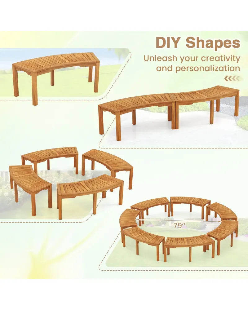 Set of 7 Outdoor Bench Acacia Wood Curved Garden Bench 2-Person - Natural - Outdoor Benches