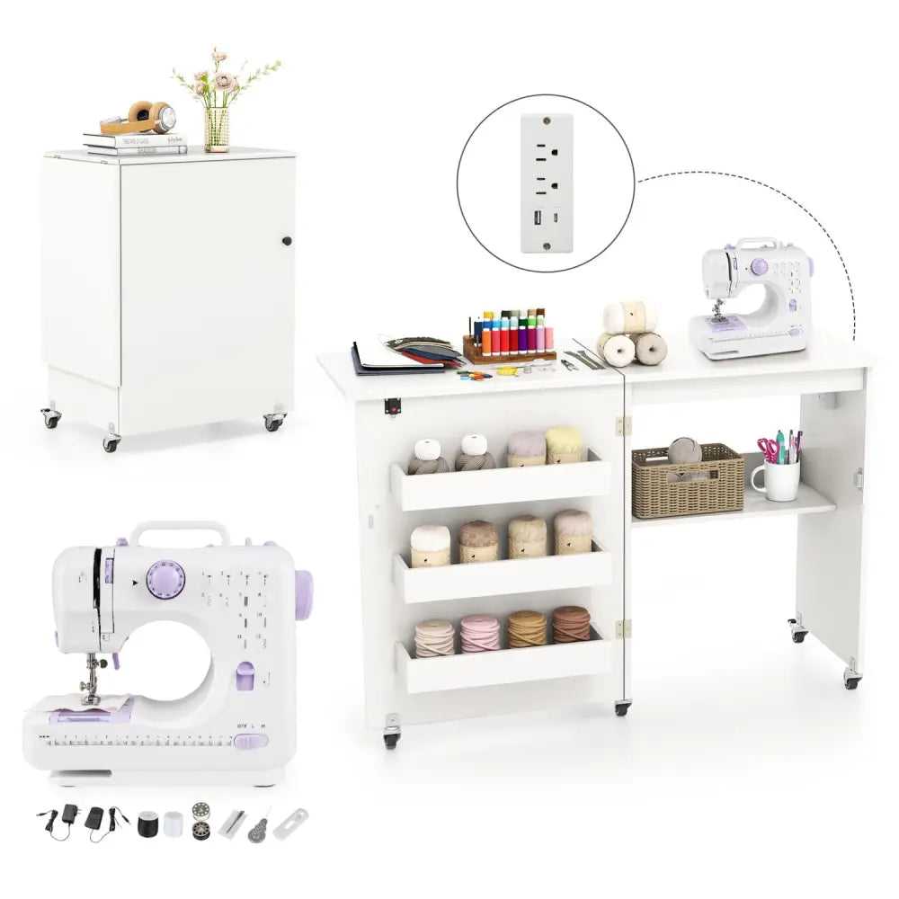 Sewing Machine and Table Set with Charging Station Folding Craft Desk and Beginner Sewing Machine - Office Desks