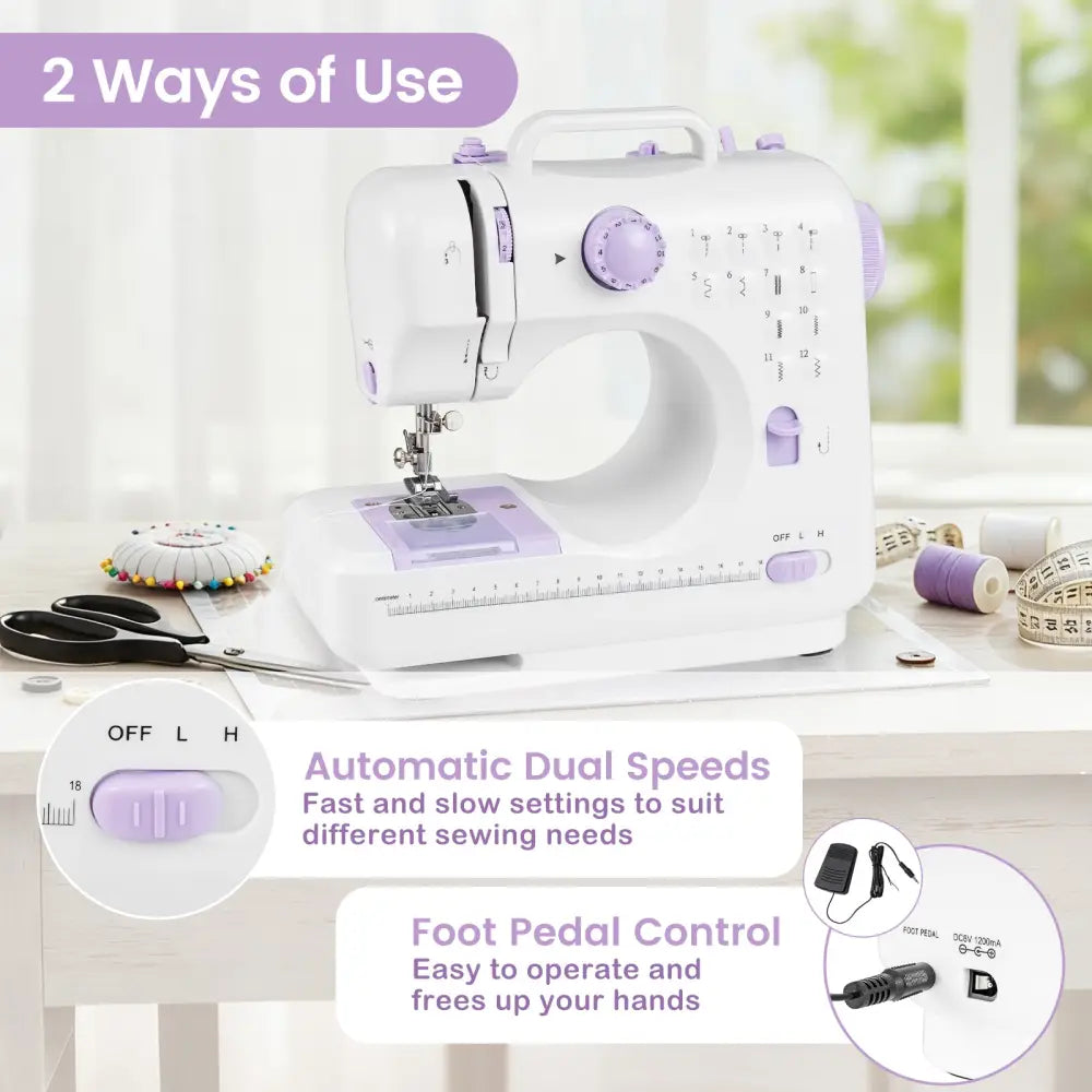 Sewing Machine for Beginners Mini Sewing Machine with 12 Built-in Stitches - White - Sewing Tables