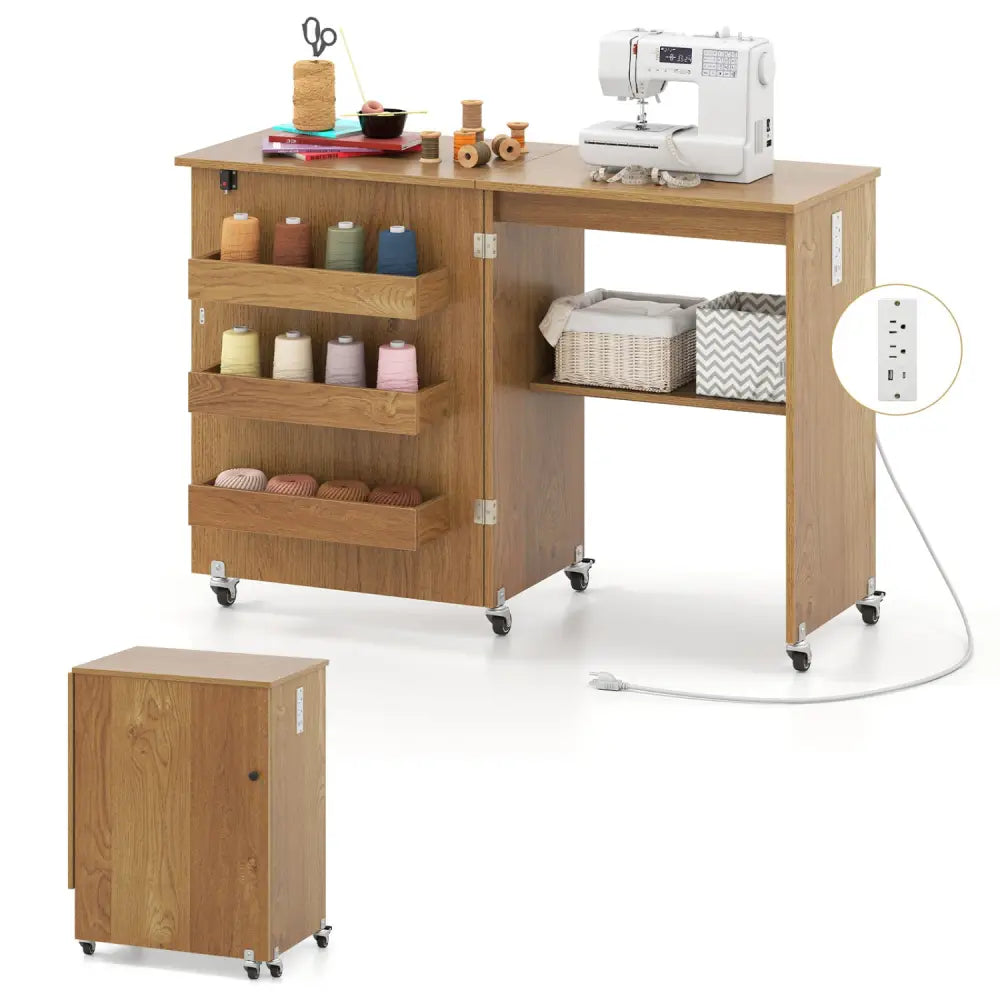 Sewing Machine Table with Charging Station and Lockable Casters-Natural - Natural - Sewing Tables