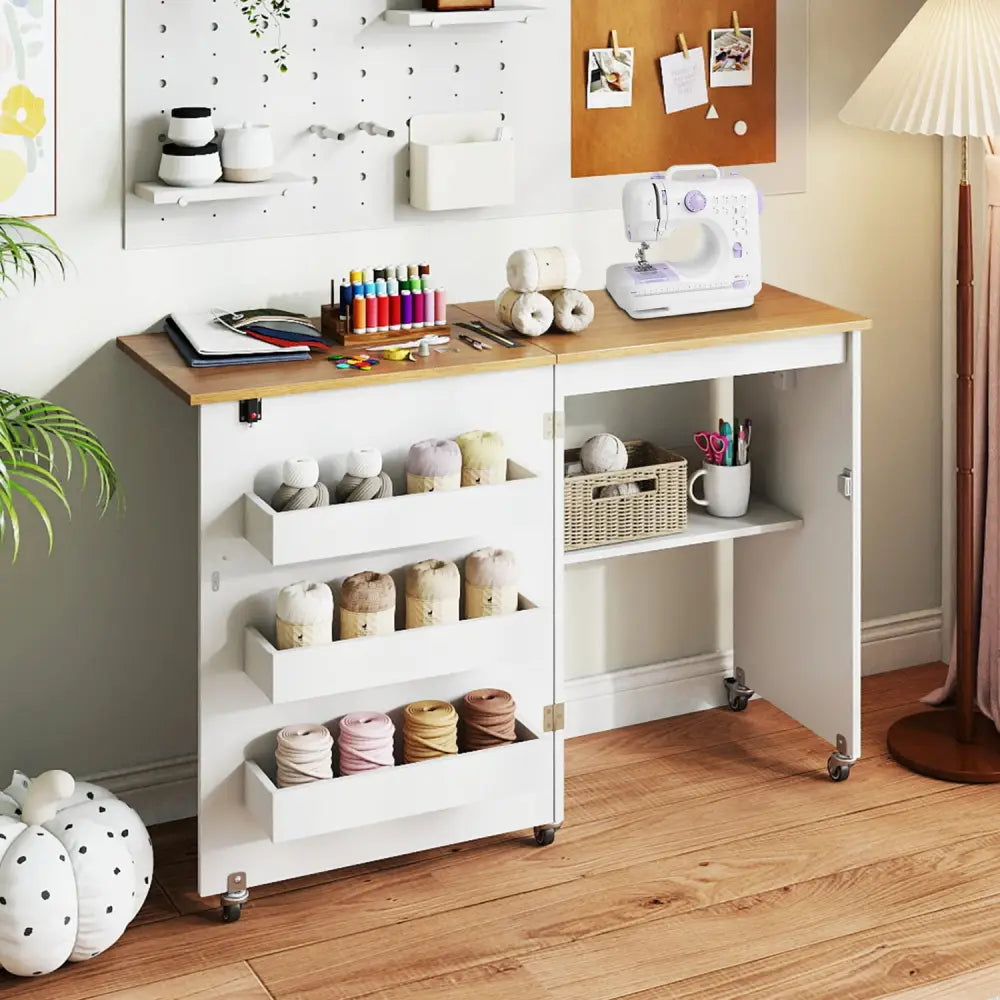 Sewing Machine Table with Charging Station and Lockable Casters-Natural and White - Natural & White - Sewing Tables