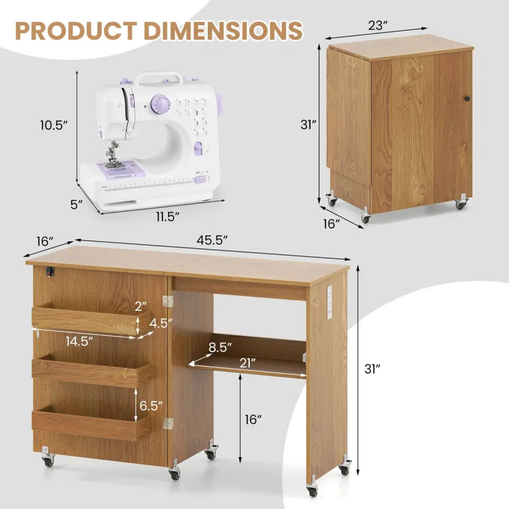 Sewing Machine Table with Charging Station and Lockable Casters-Natural - Natural - Sewing Tables
