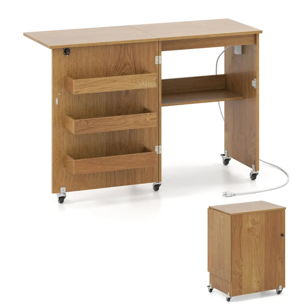 Sewing Machine Table with Charging Station and Lockable Casters-Natural - Natural - Sewing Tables