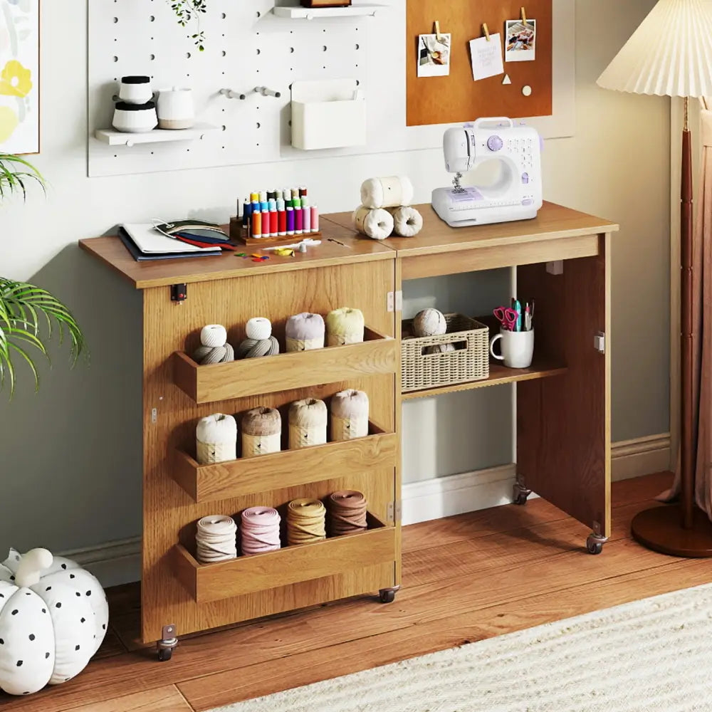 Sewing Machine Table with Charging Station and Lockable Casters-Natural - Natural - Sewing Tables