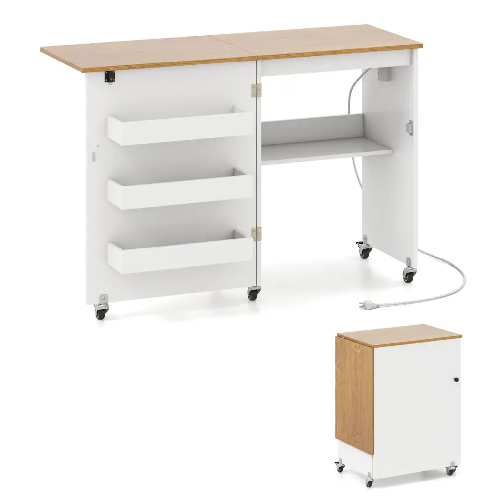 Sewing Machine Table with Charging Station and Lockable Casters-Natural and White - Natural & White - Sewing Tables
