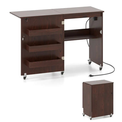 Sewing Machine Table with Charging Station and Lockable Casters-Brown - Brown - Sewing Tables