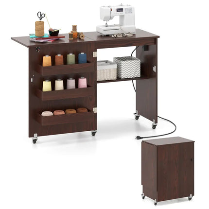 Sewing Machine Table with Charging Station and Lockable Casters-Brown - Brown - Sewing Tables