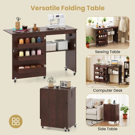 Sewing Machine Table with Charging Station and Lockable Casters-Brown - Brown - Sewing Tables