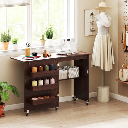 Sewing Machine Table with Charging Station and Lockable Casters-Brown - Brown - Sewing Tables