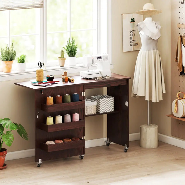 Sewing Machine Table with Charging Station and Lockable Casters-Brown - Brown - Sewing Tables