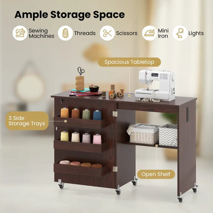 Sewing Machine Table with Charging Station and Lockable Casters-Brown - Brown - Sewing Tables