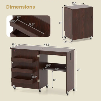 Sewing Machine Table with Charging Station and Lockable Casters-Brown - Brown - Sewing Tables