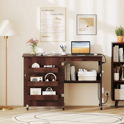 Sewing Machine Table with Charging Station and Lockable Casters-Brown - Brown - Sewing Tables