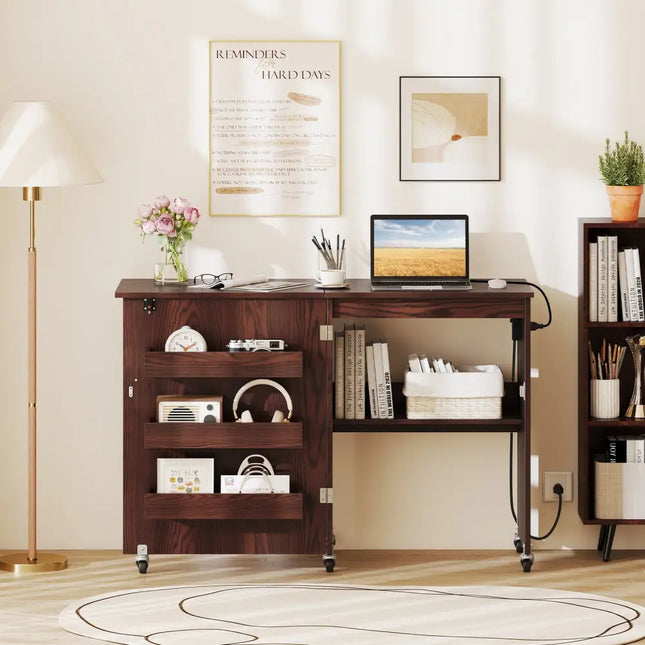 Sewing Machine Table with Charging Station and Lockable Casters-Brown - Brown - Sewing Tables