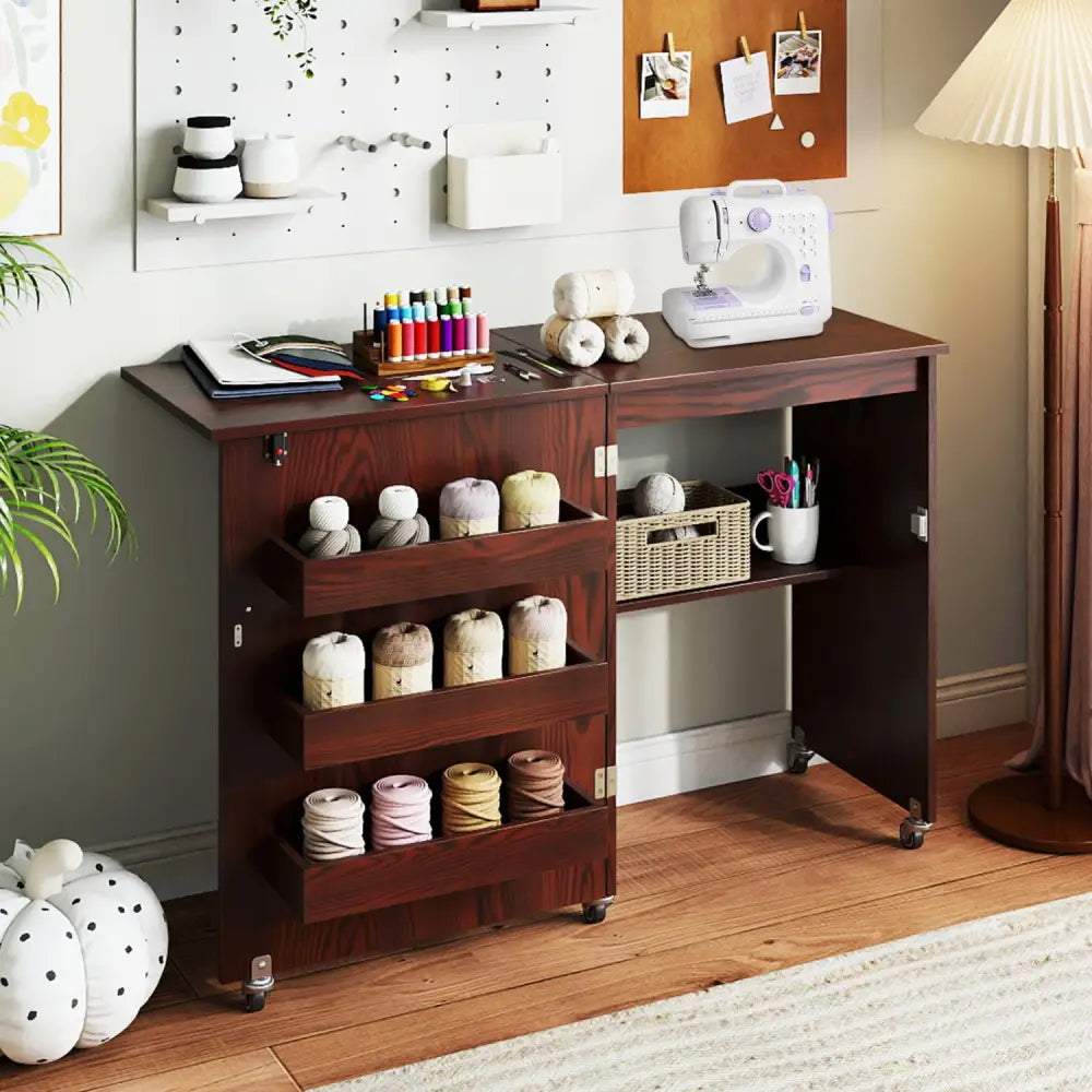 Sewing Machine Table with Charging Station and Lockable Casters-Brown - Brown - Sewing Tables