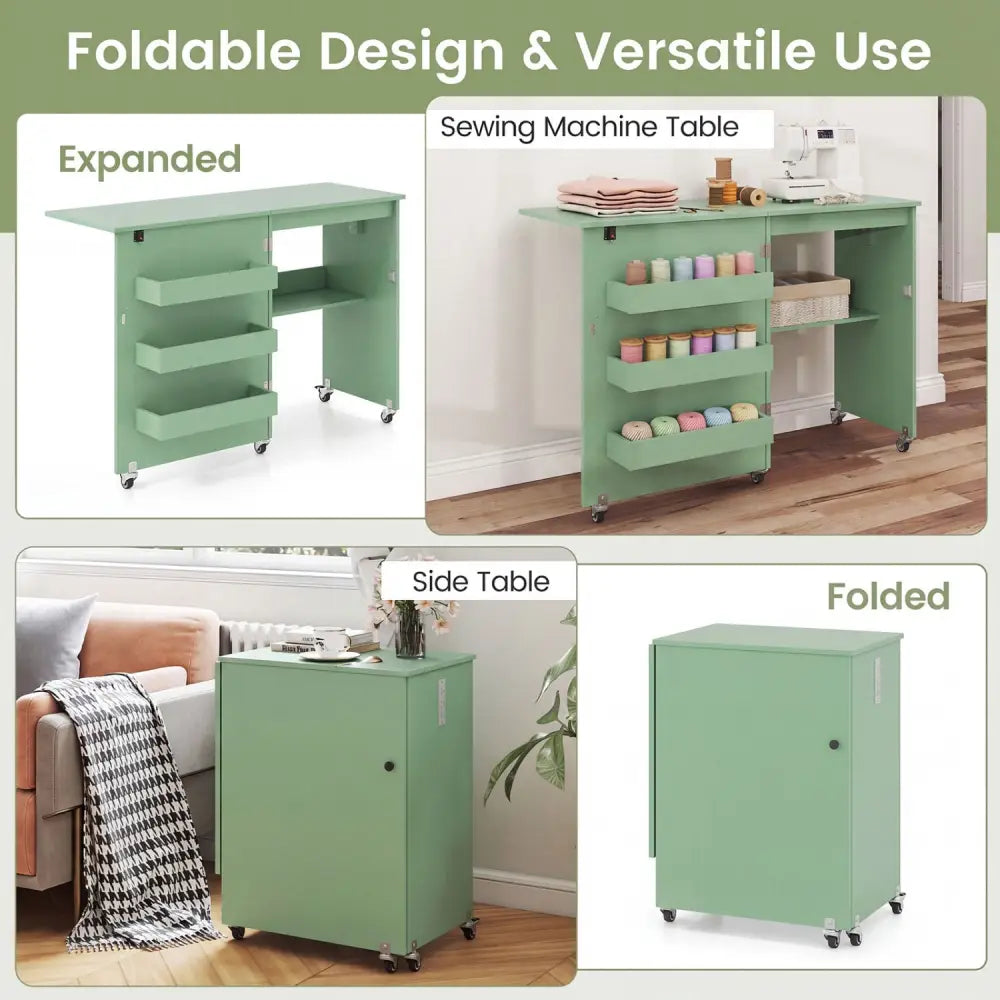 Sewing Machine Table with Charging Station and Lockable Casters-Green - Green - Sewing Tables