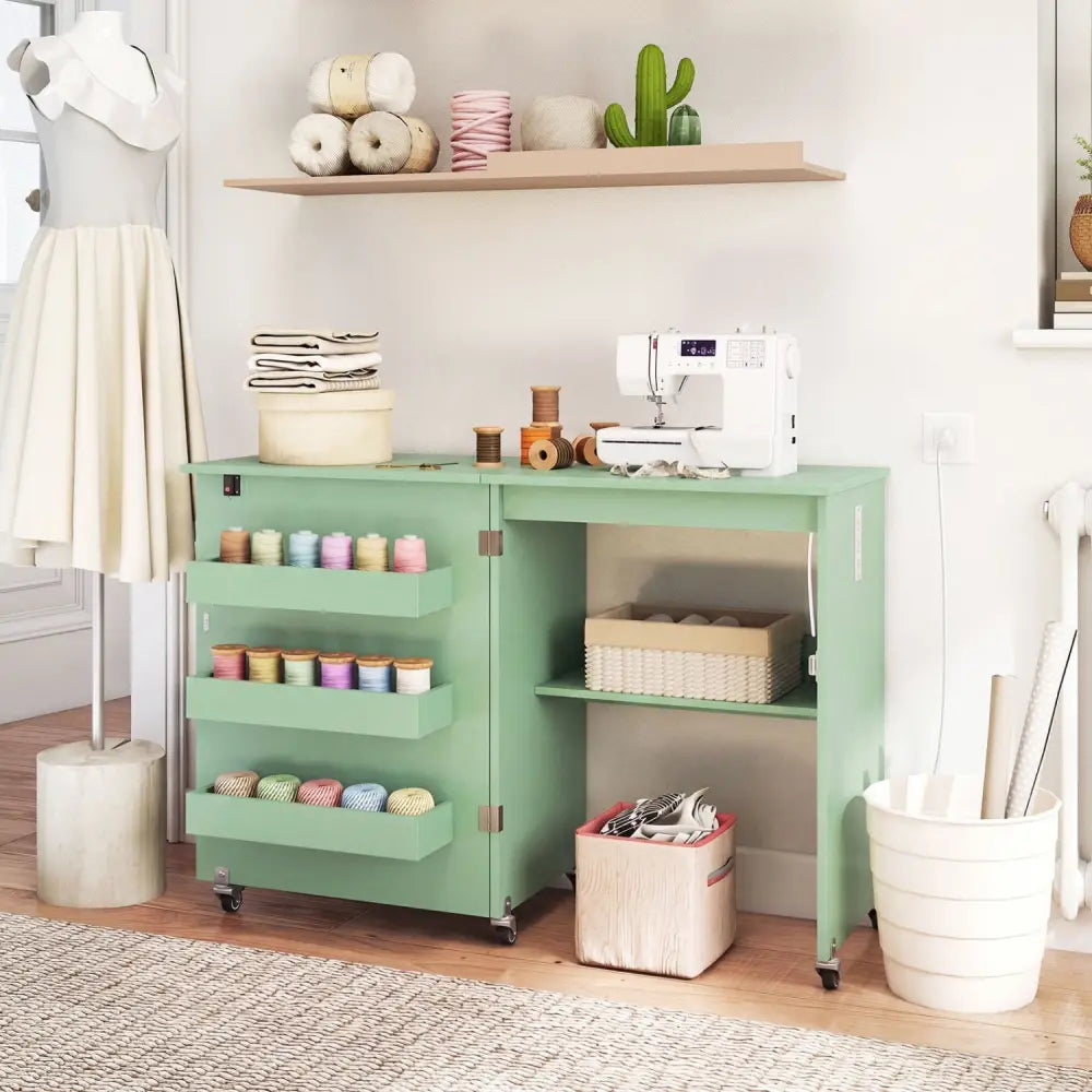 Sewing Machine Table with Charging Station and Lockable Casters-Green - Green - Sewing Tables