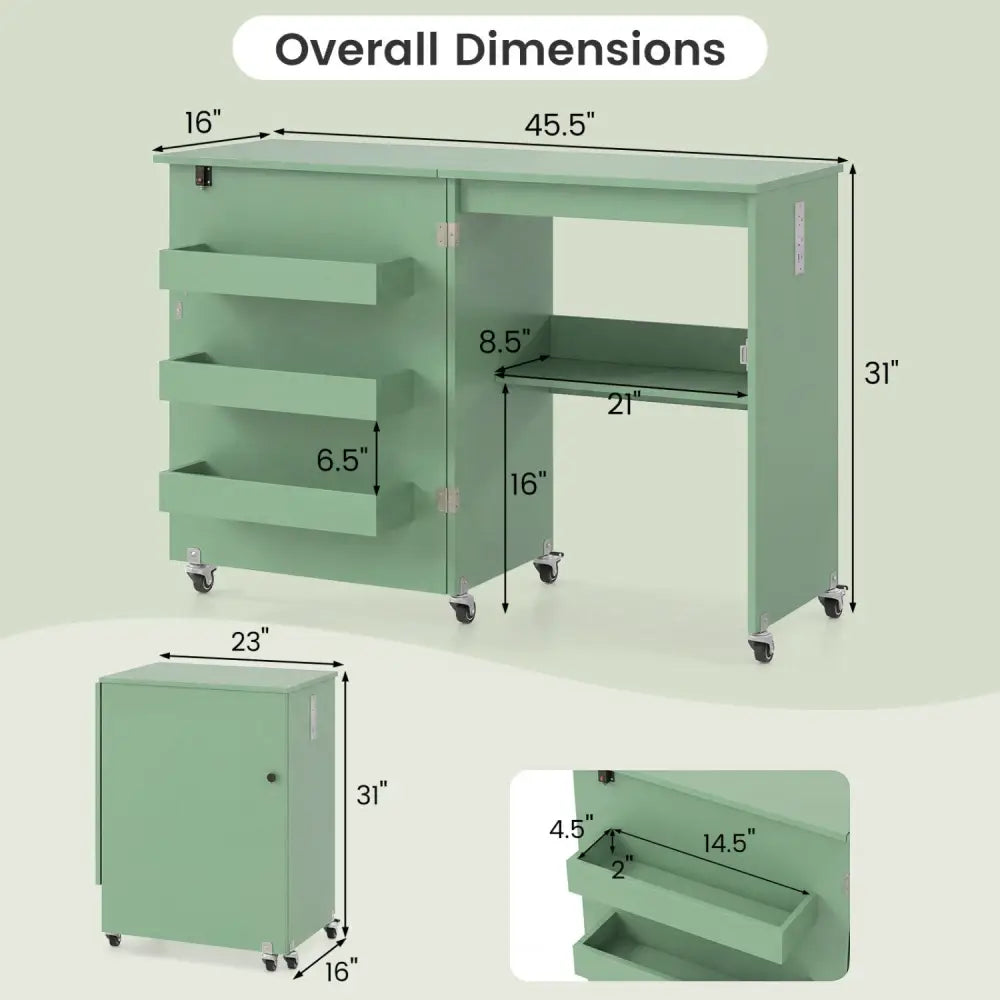Sewing Machine Table with Charging Station and Lockable Casters-Green - Green - Sewing Tables