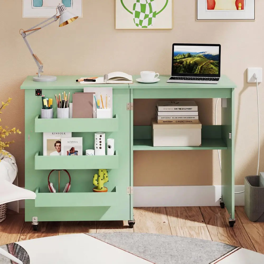 Sewing Machine Table with Charging Station and Lockable Casters-Green - Green - Sewing Tables