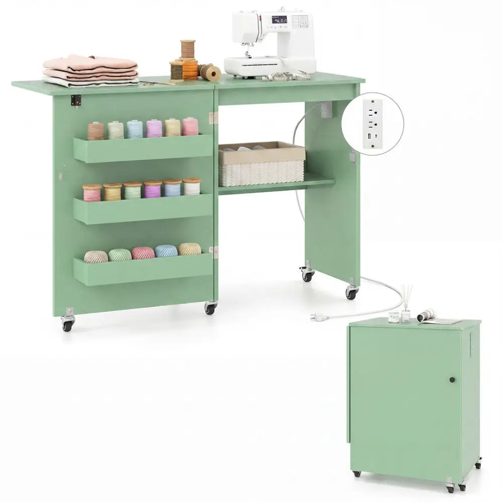 Sewing Machine Table with Charging Station and Lockable Casters-Green - Green - Sewing Tables