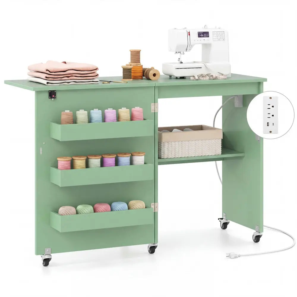 Sewing Machine Table with Charging Station and Lockable Casters-Green - Green - Sewing Tables