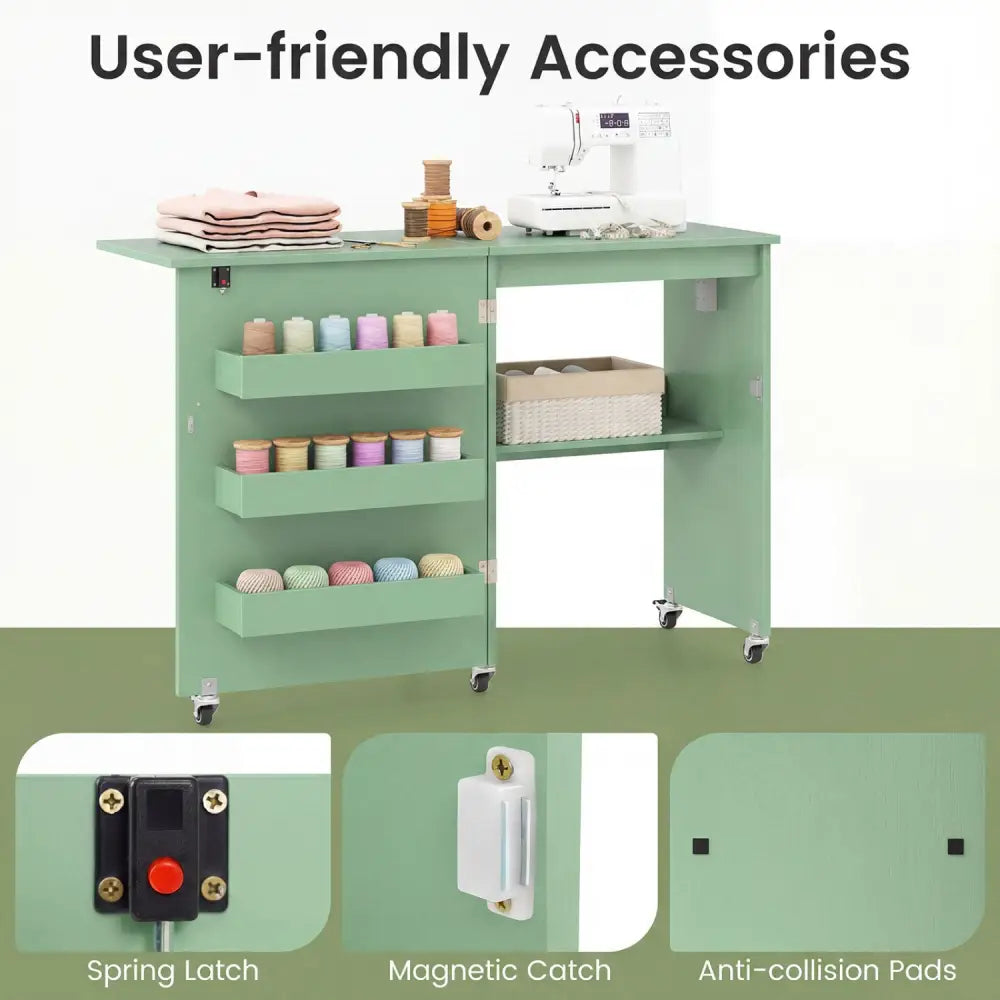 Sewing Machine Table with Charging Station and Lockable Casters-Green - Green - Sewing Tables