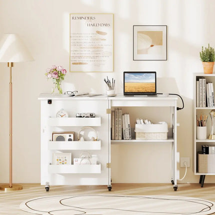 Sewing Machine Table with Charging Station and Lockable Casters-White - White - Sewing Tables