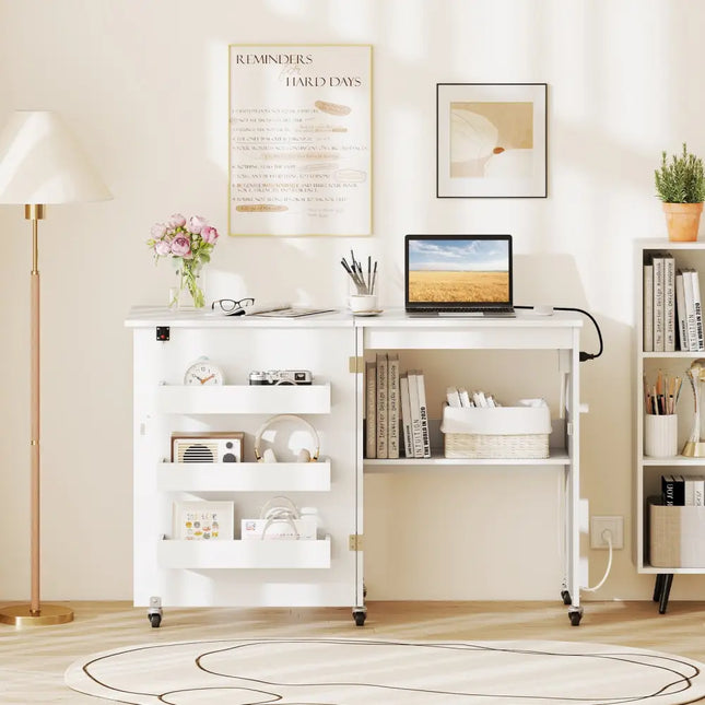 Sewing Machine Table with Charging Station and Lockable Casters-White - White - Sewing Tables
