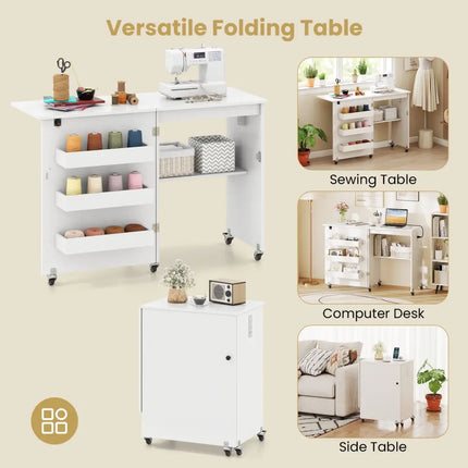 Sewing Machine Table with Charging Station and Lockable Casters-White - White - Sewing Tables