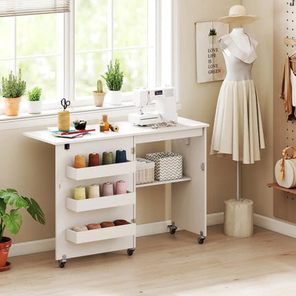 Sewing Machine Table with Charging Station and Lockable Casters-White - White - Sewing Tables