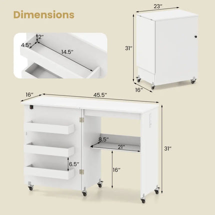 Sewing Machine Table with Charging Station and Lockable Casters-White - White - Sewing Tables