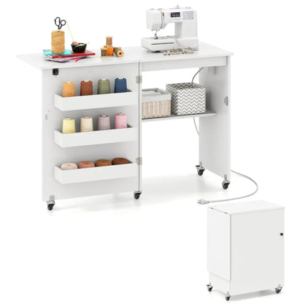 Sewing Machine Table with Charging Station and Lockable Casters-White - White - Sewing Tables