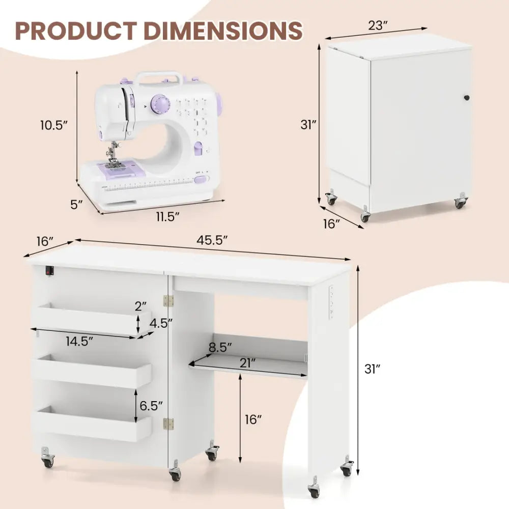 Sewing Machine Table with Charging Station and Lockable Casters-White - White - Sewing Tables