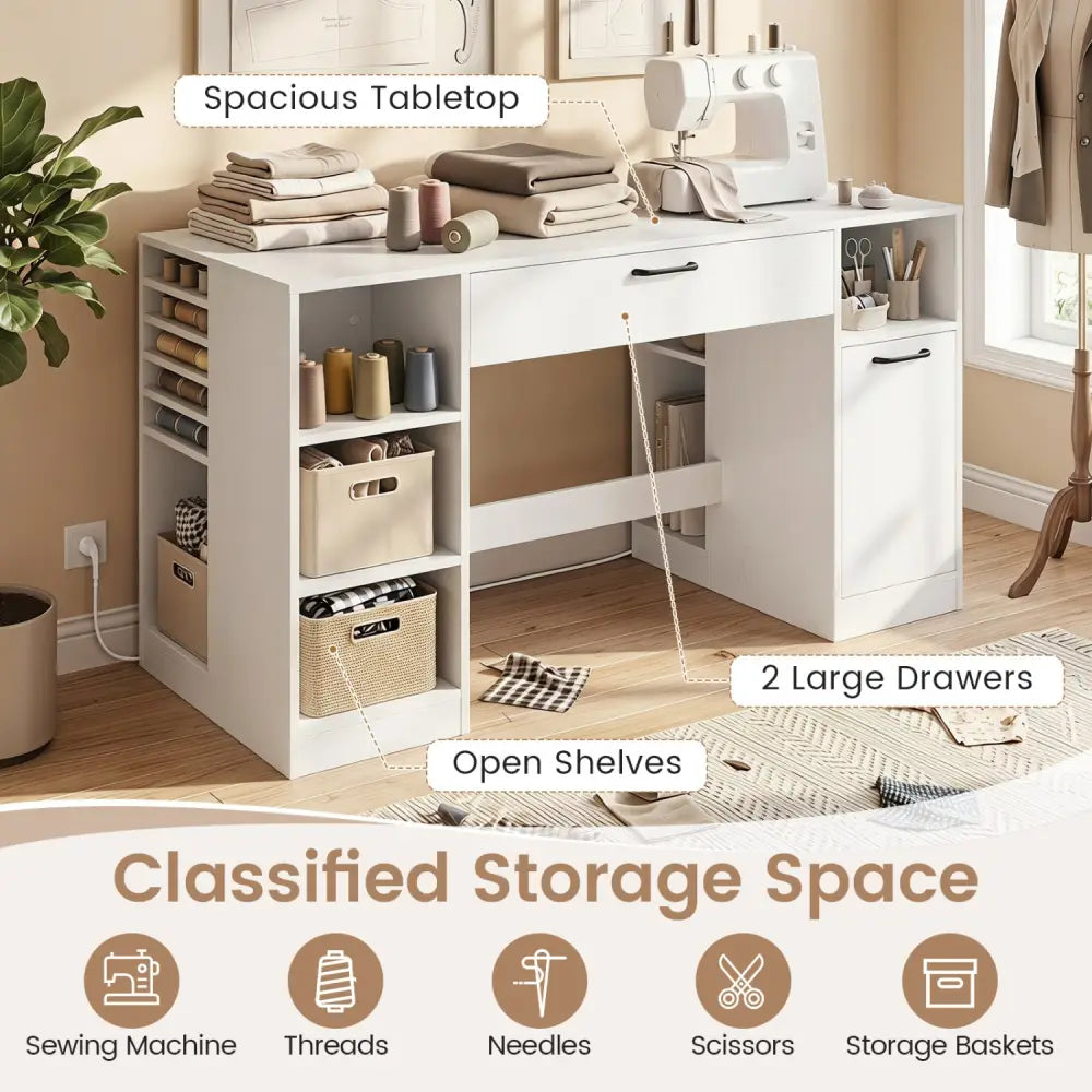 Sewing Table with Power Outlets Craft Station Desk with 2 Drawers Open Compartments-White - White - Sewing Tables