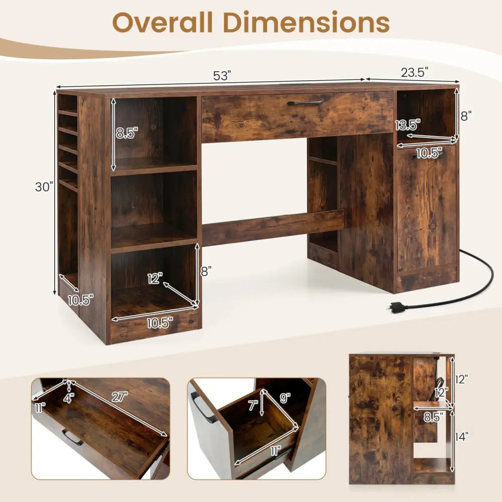 Sewing Table with Power Outlets Craft Station Desk with 2 Drawers Open Compartments-Rustic Brown - Rustic Brown