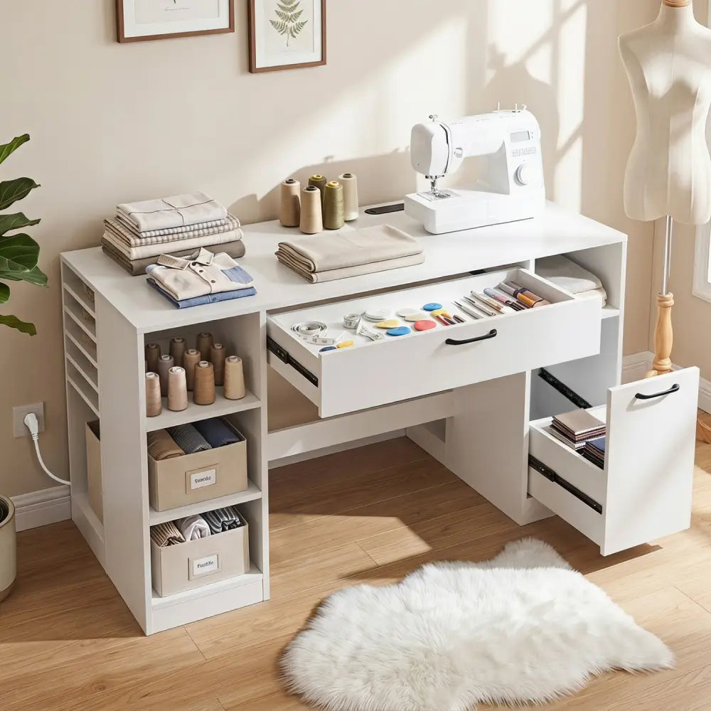Sewing Table with Power Outlets Craft Station Desk with 2 Drawers Open Compartments-White - White - Sewing Tables