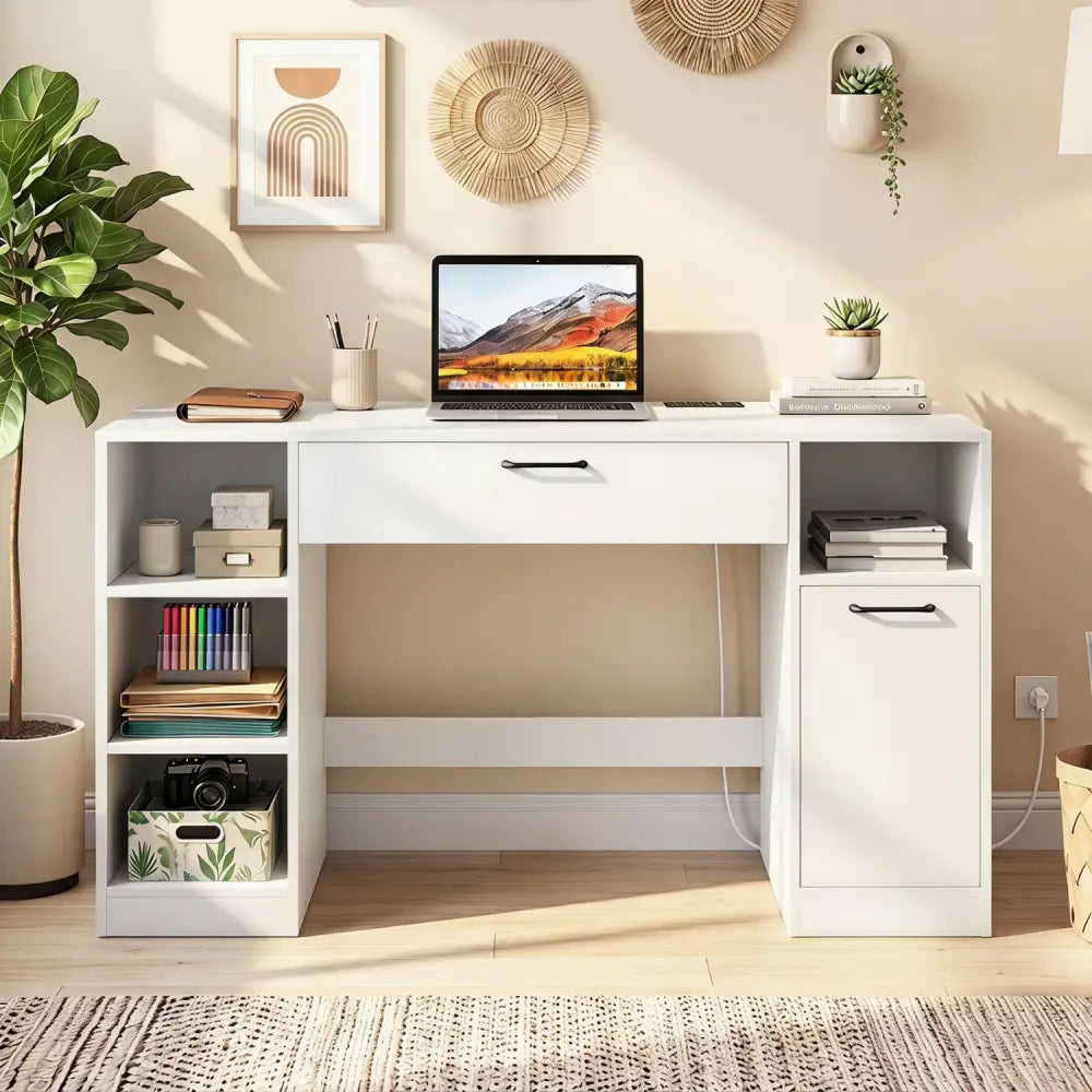 Sewing Table with Power Outlets Craft Station Desk with 2 Drawers Open Compartments-White - White - Sewing Tables