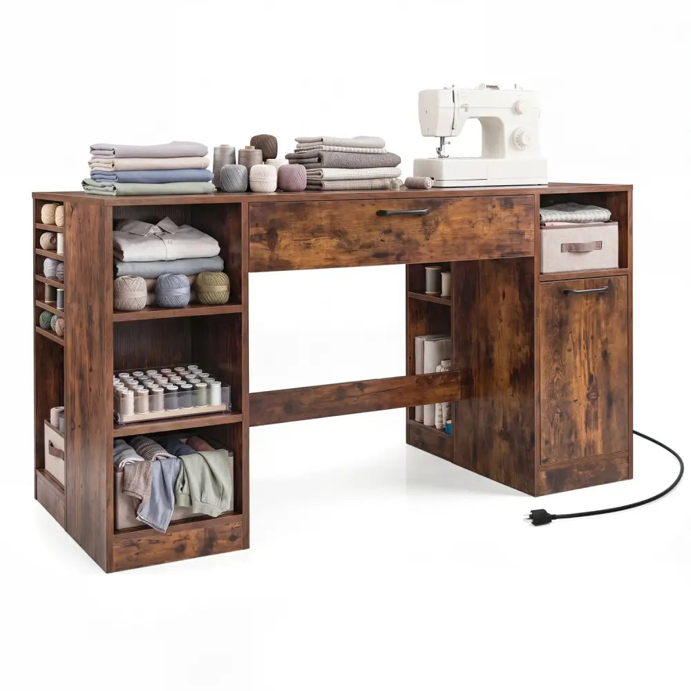 Sewing Table with Power Outlets Craft Station Desk with 2 Drawers Open Compartments-Rustic Brown - Rustic Brown