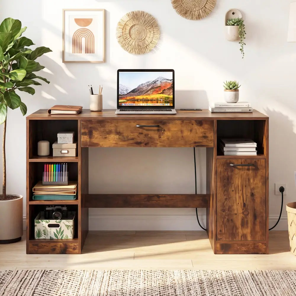 Sewing Table with Power Outlets Craft Station Desk with 2 Drawers Open Compartments-Rustic Brown - Rustic Brown